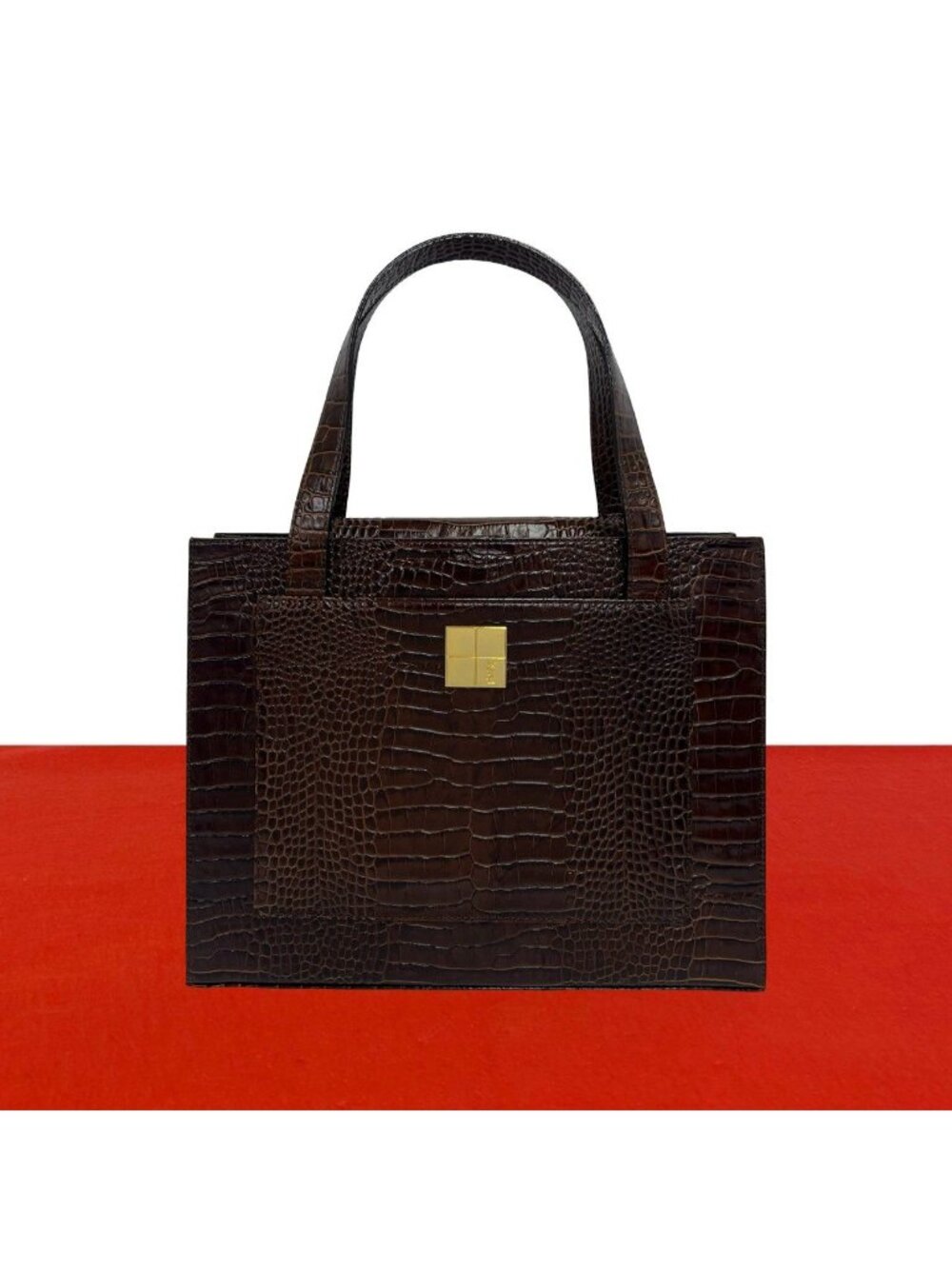 Saint Laurent Vintage YSL Logo Croco Embossed Leather Handbag Brown